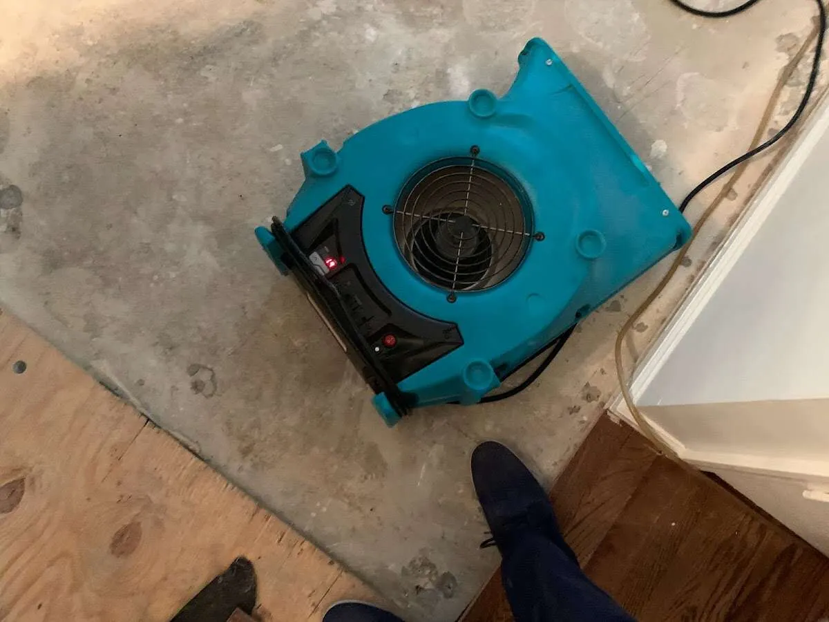Air mover drying subfloor during Leak Detection & Repair in Bear Valley Springs